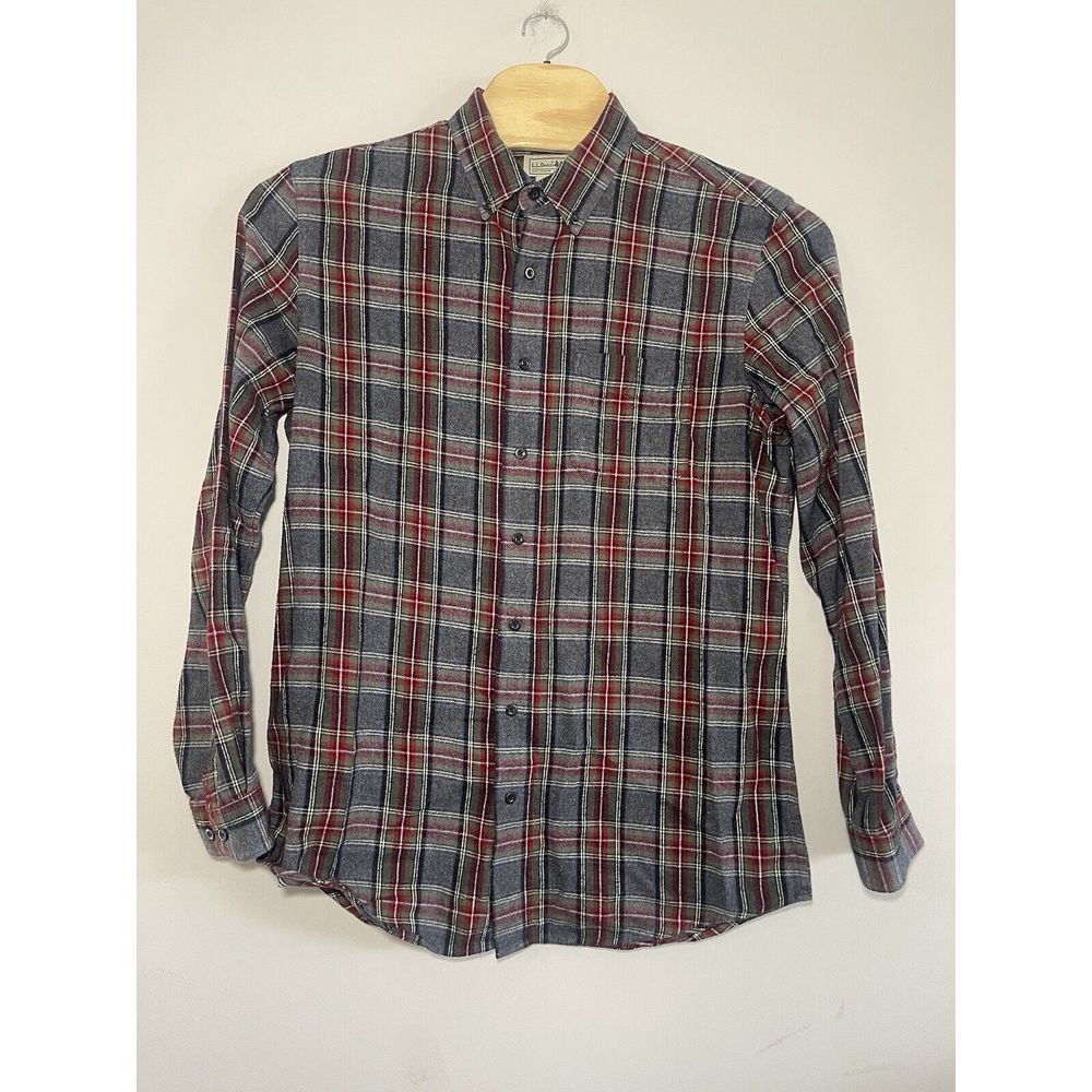 LL Bean Shirt Mens Large Button Up Red Gray Flannel‎ Long Sleeve Plaid Outdoor